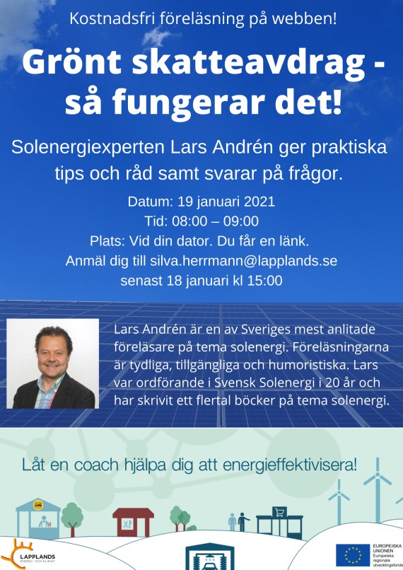 Affisch webbföreläsning grönt skatteavdrag med Lars Andren 19 jan 2021